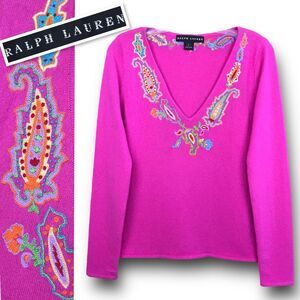 Ralph Lauren Black Lable 100% Cashmere V Neck Paisley Embroidered Sweater Pink L